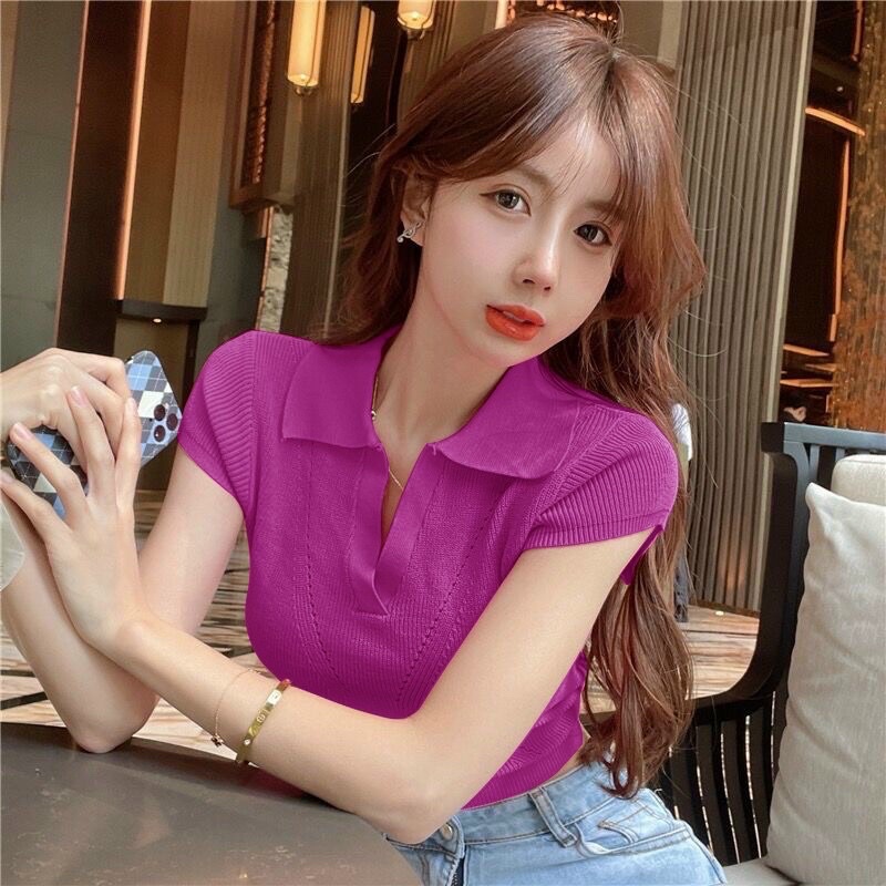 Gaeul store- Áo cộc tay nữ cổ bẻ xẻ V dáng ngắn croptop 6 màu chất len dệt kim