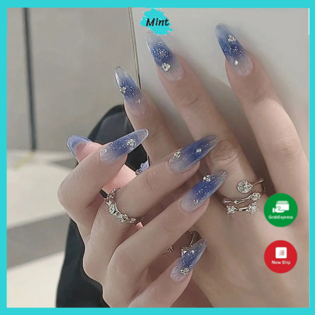 Nail Box Móng Úp Thiết Kế Loang Xanh Biển Đính Đá NB104 Nailbox Thủ Công Sang Chảnh Phong Cách Hàn Quốc