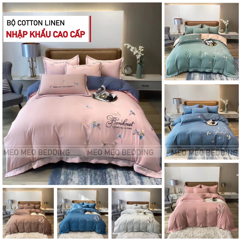 Bộ Chăn Ga Gối Cotton Nilen Bonknot Thêu Họa Tiết Nhập Khẩu Cao Cấp - Sét 4 Món - Cotton Linen | BigBuy360 - bigbuy360.vn