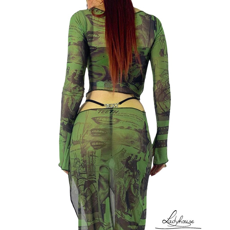 Áo Thun Tay Dài Phối Lưới Hở Rốn In Họa Tiết Thời Trang Cho Nữ