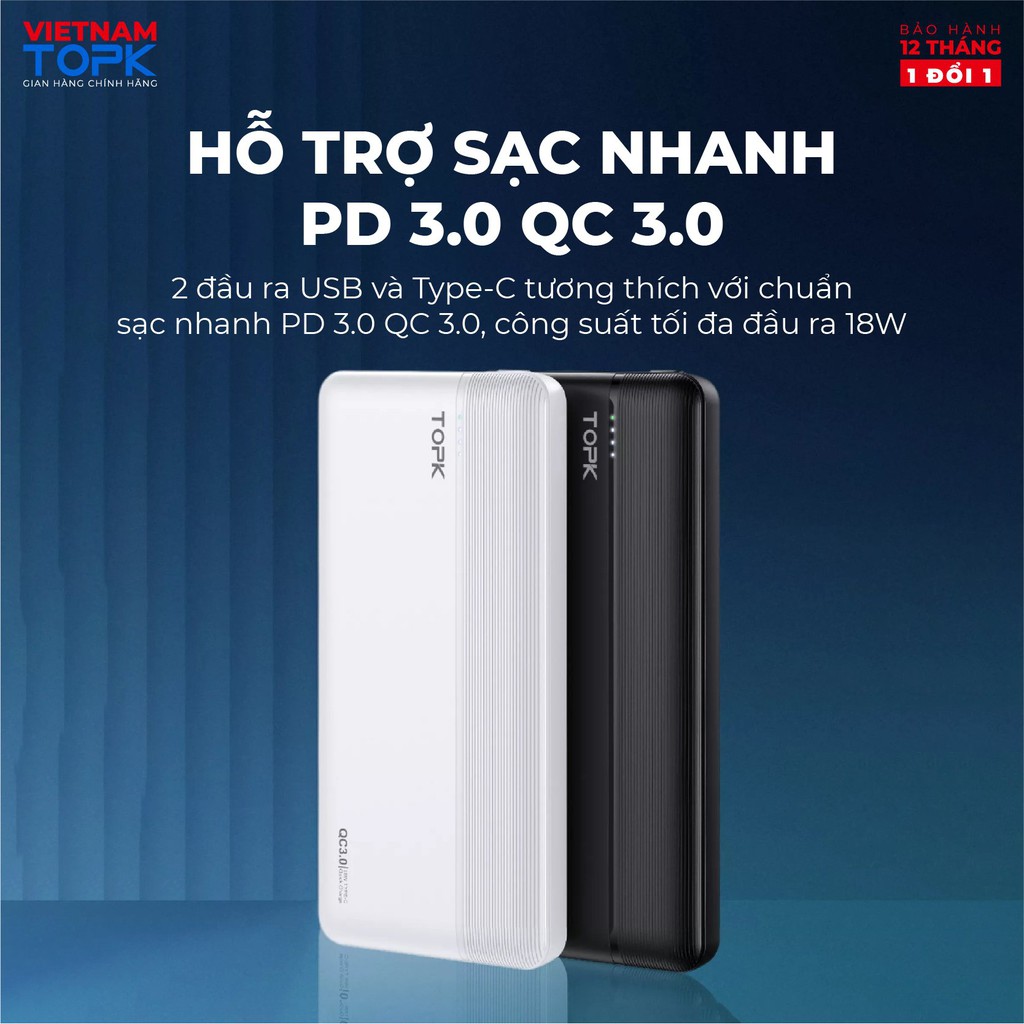 Pin Dự Phòng TOPK I1015P 18W QC3.0 10000mAh Hỗ Trợ Sạc Nhanh