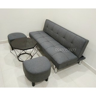 (FULL BỘ) Bộ bàn ghế sofa bed vải màu ghi xám bàn kim cương mặt kính đen chất lượng cao - Hình thực tế nhà khách