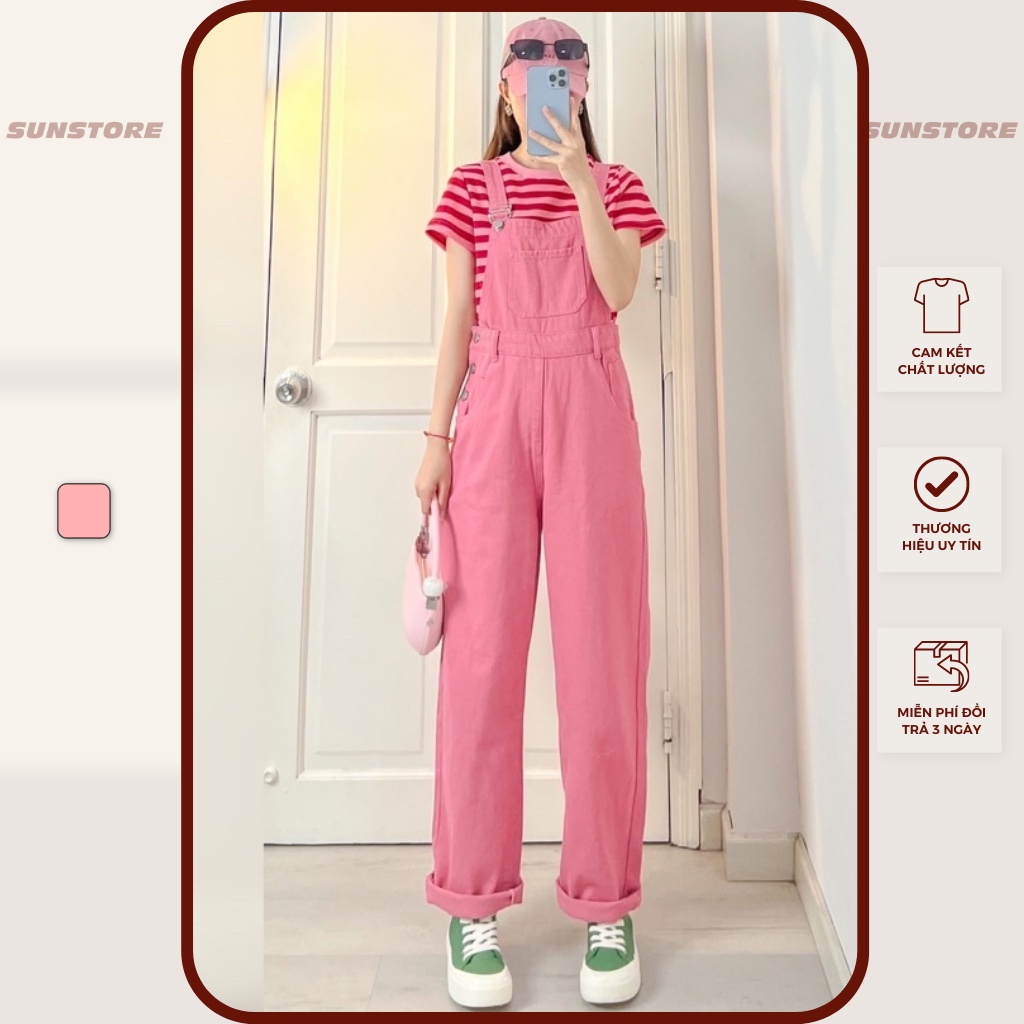 Set đồ nữ đi chơi yếm quần dài ống suông chất kaki và áo thun tay ngắn kẻ sọc màu hồng