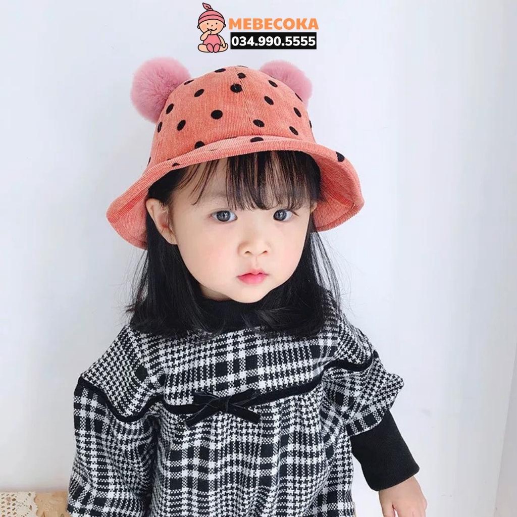 Mũ cho bé, mũ bucket chỏm lông thú, vành nón tai bèo tròn cho bé Trai bé Gái chất liệu CAO CẤP