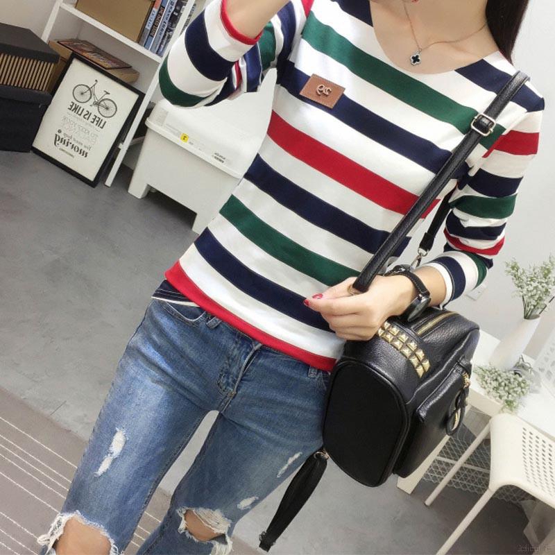 Áo nữ dài tay cổ tròn chất liệu cotton họa tiết sọc thời trang