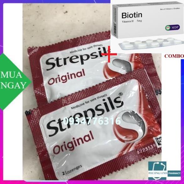 Combo Biotin 5mg+ Kẹo ngậm Strepsils ( gói 2 viên ngậm)