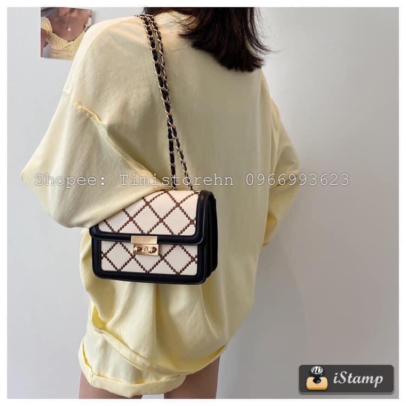 Túi xách đeo chéo nữ đeo vai khóa bấm da trần chỉ ô trám dây xích phối da rẻ đẹp thời trang TIMISTOREHN TN088
