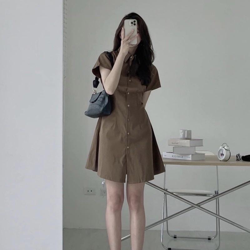 Đầm váy nữ basic cổ sơ mi cài cúc chiết eo lưng chun, váy nữ cộc tay nhiều màu