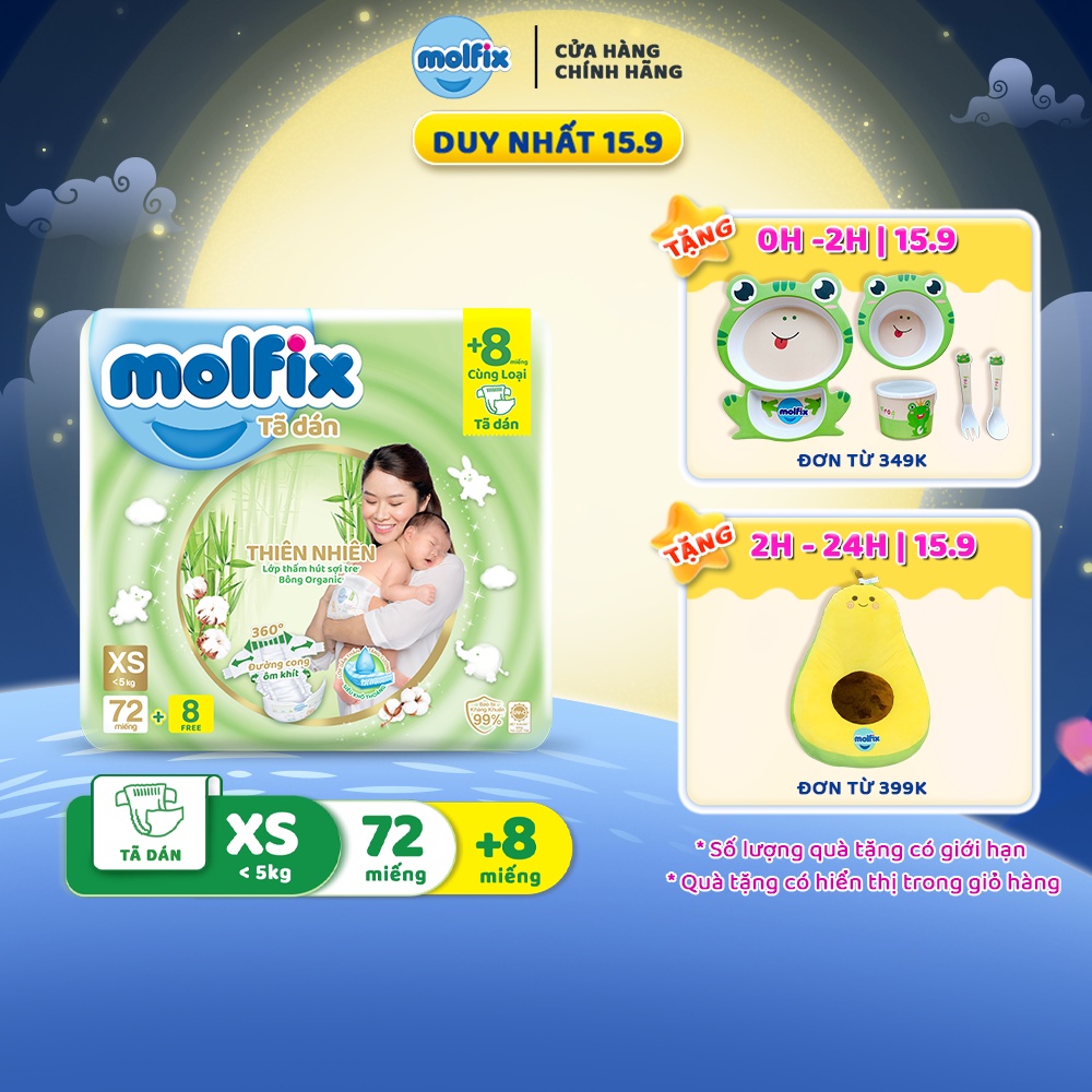 Tã dán sơ sinh Molfix Thiên nhiên Jumbo Newborn (dưới 5kg) Gói 72+8 miếng