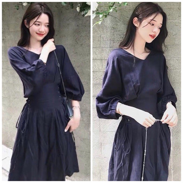 Đầm váy freesize đen tay lỡ đan dây eo