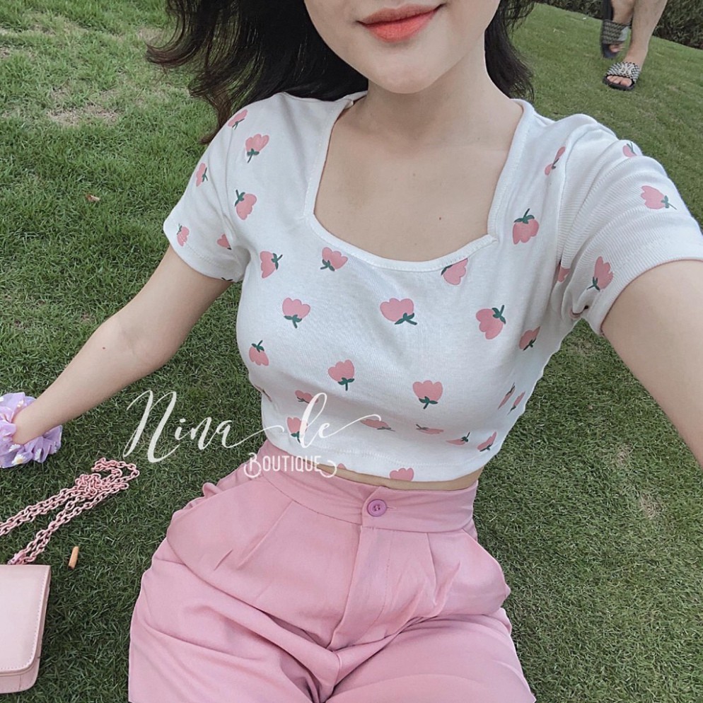 [Ảnh Thật] Áo croptop body ôm cổ tròn in Hoacực xinh cho các bạn nữ Hot