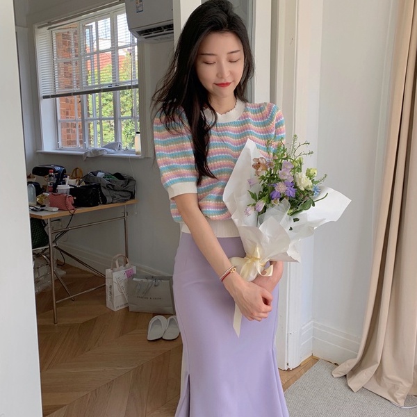 Áo thun ZHELIHANGFEI vải dệt kim tay ngắn phồng kẻ sọc màu cầu vồng dễ thương