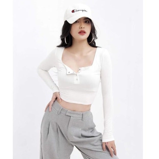 ÁO BẤM TAY DÀI A4 CROPTOP - thun gân co giãn