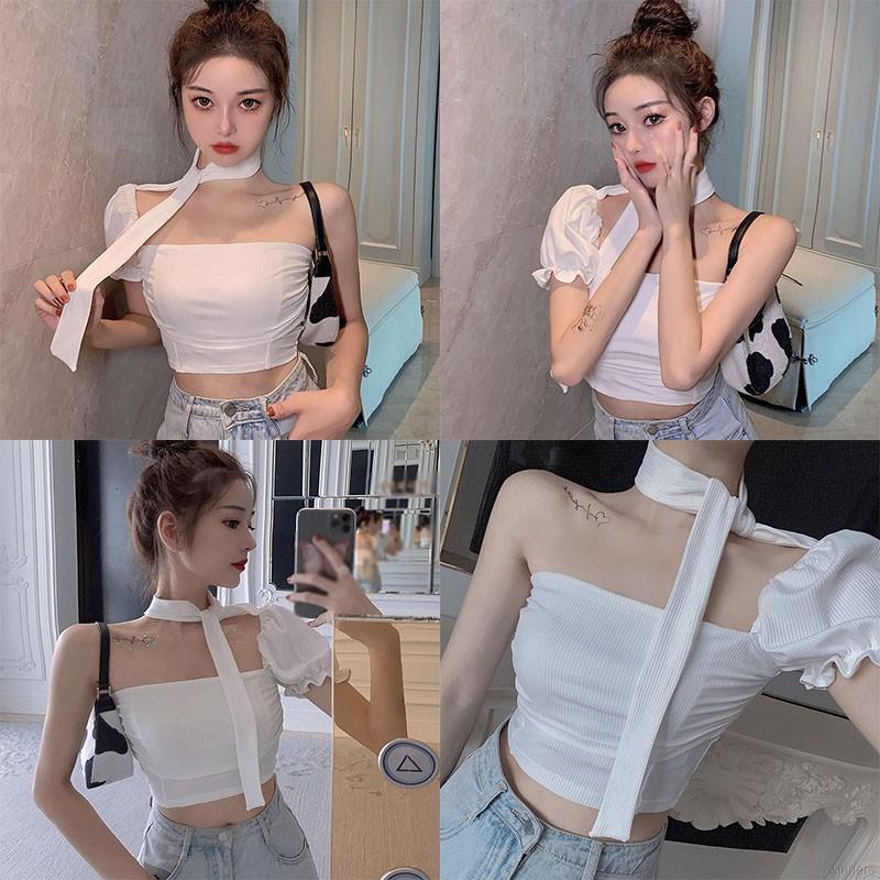 Áo kiểu croptop ngắn tay hở vai phong cách Hàn Quốc quyến rũ cá tính dành cho nữ | BigBuy360 - bigbuy360.vn