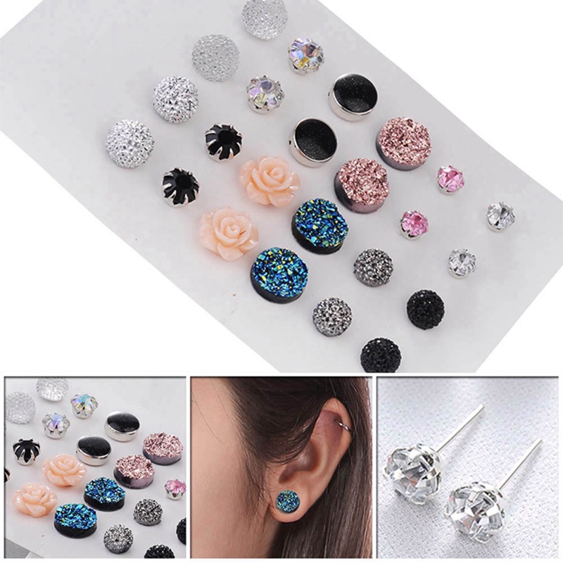 Set 12 Đôi Bông Tai Đính Đá Thời Trang Cho Nữ