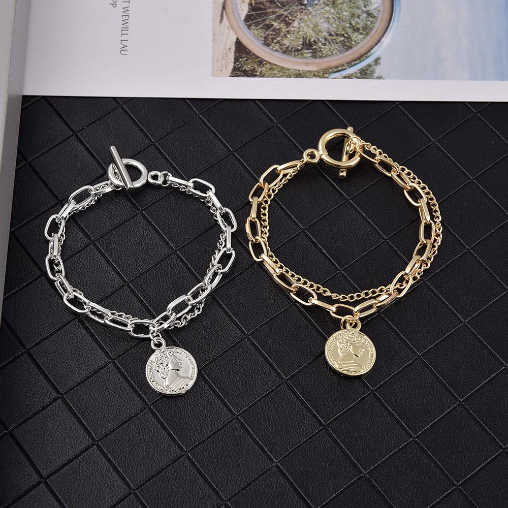 QQMALL Vòng Đeo Tay Chuỗi Xích Dày Khắc Hình Đồng Xu Phong Cách Punk Cổ Điển