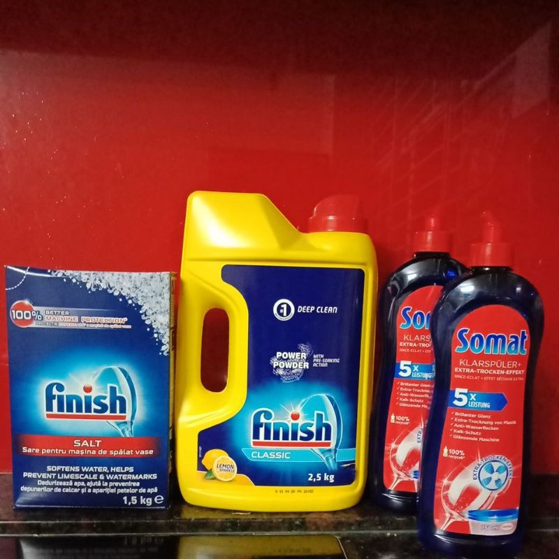 combo bột rửa bát Finish 2.5kg + Muối Finish 1500g + 1 chai bóng Somat 750ml
