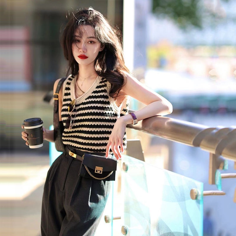 Áo Dệt Kim Sát Nách Hoạ Tiết Kẻ Sọc Thời Trang Mùa Hè Cho Phái Nữ
