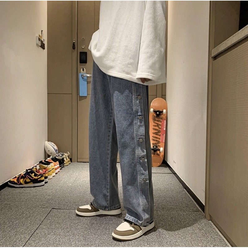 Quần jeans ống rộng unisex chất dày dặn có khuy 2 bên