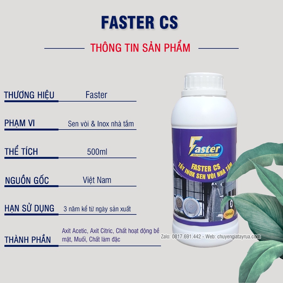 Combo Chất Tẩy Rửa Inox Nhà Tắm, Sen Vòi, Cặn Canxi Inox Faster 500ml (Kèm bộ phụ kiện 4 món)