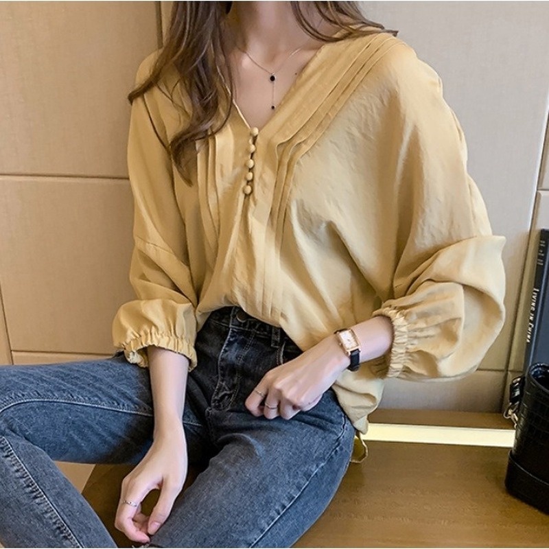 Áo Sơ Mi Tay Phồng Cổ Chữ V Form Rộng Thời Trang Thanh Lịch