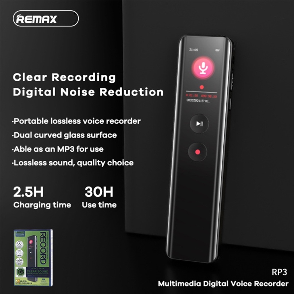 Máy Ghi Âm Mini Remax Rp3, Máy Ghi Âm Chuyên Nghiệp, Thu Phát Âm Thanh Rõ Nét Chống Ồn, Bộ Nhớ 16G, Pin Sạc-H2Pro Tech