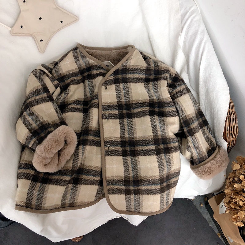 Áo khoác len phối nhung sọc caro phong cách Hàn Quốc cho bé