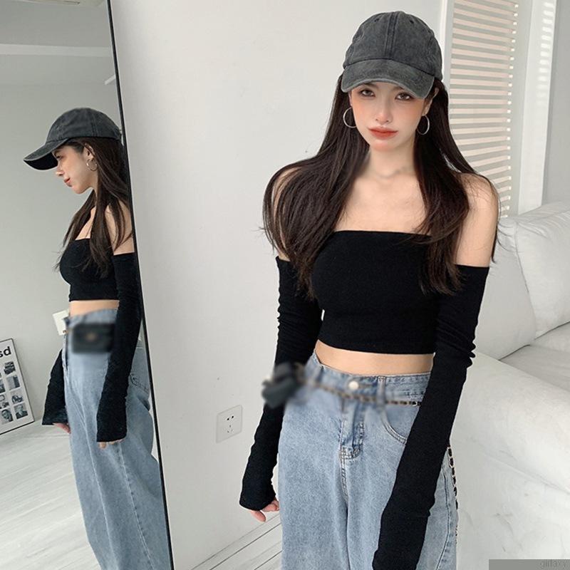 Áo thun croptop tay dài màu sắc đơn giản thời trang dành cho nữ