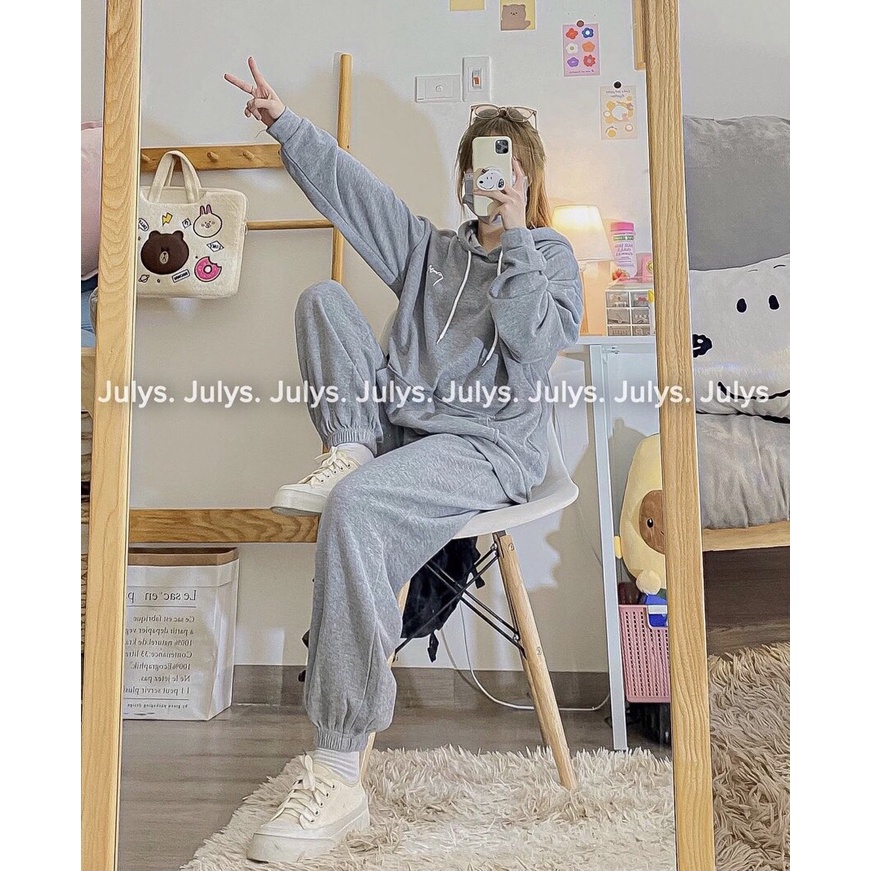 Set quần áo nỉ thu đông họa tiết chữ kí 3 màu trẻ trung cá tính/ Bộ nỉ nữ dáng dài phom thụng mặc thoải mái_nanashop