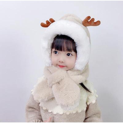 Mũ lông tuần lộc kèm khăn quàng kín cổ cực mềm và ấm cho bé từ 3- 8 tuổi