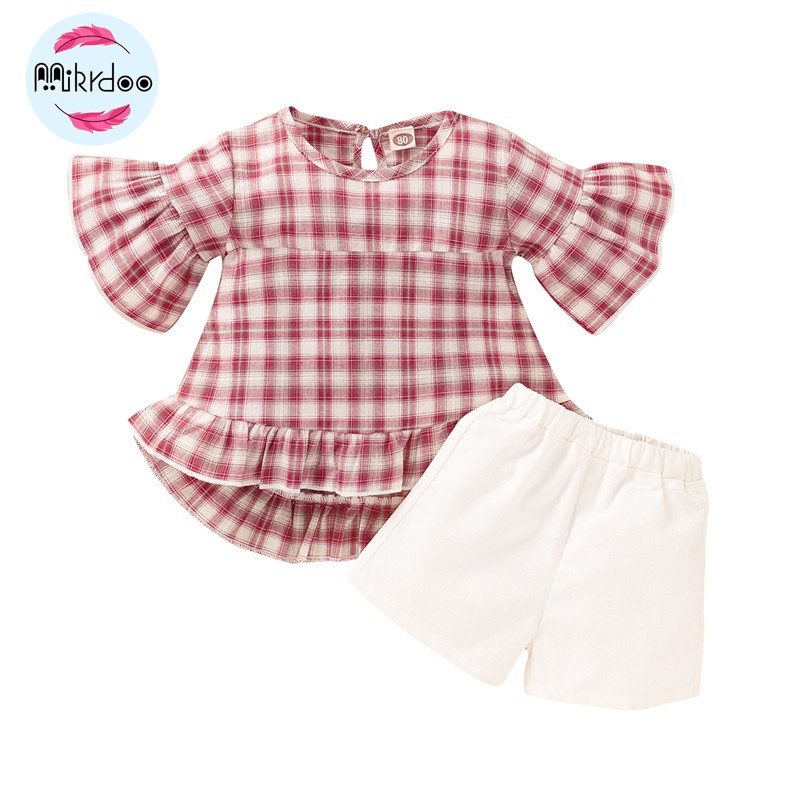 Mikrdoo Bộ gồm áo tay ngắn họa tiết ca rô và quần short thời trang cho bé gái