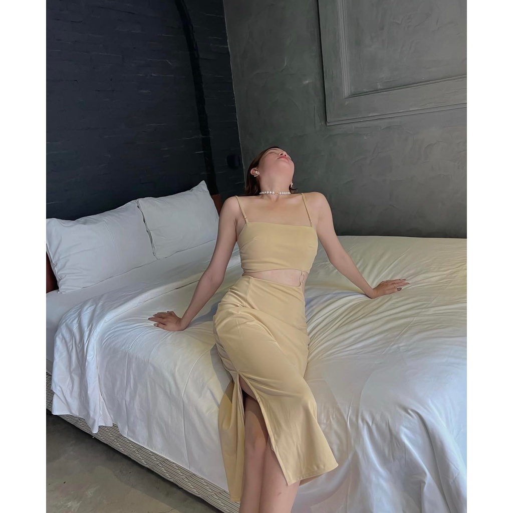 [HÀNG THIẾT KẾ CAO CẤP] Đầm Hai Dây Khoen Cut Out Eo Siêu Tôn Dáng Đi Biển / Đi Tiêc Màu Nude Form Dài