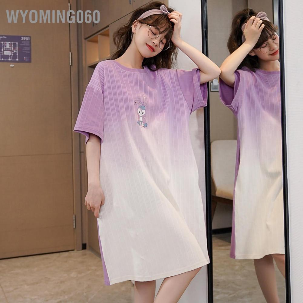 [Hàng Sẵn] Váy ngủ mùa hè Thân thiện với da đầu gối Dài tay dệt kim Cotton Váy ngủ dành cho nữ 【Wyoming060】