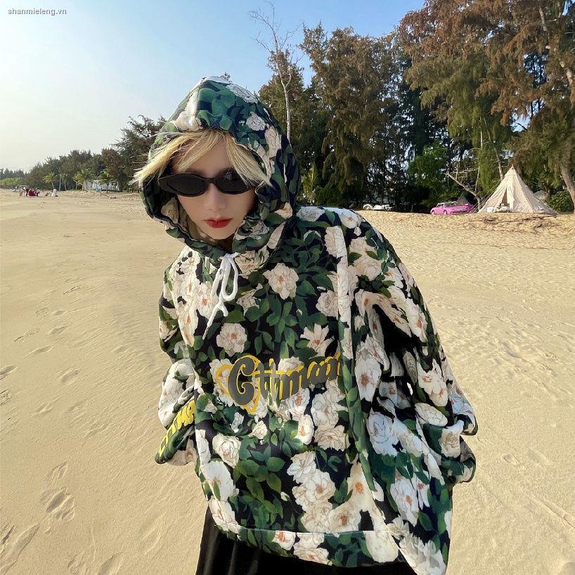 ☄Fashion brand men and women wear spring and autumn thin oversize sweater women Korean version ins full-body printed floral hooded jacket