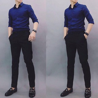 Combo áo sơ mi xanh coban + Quần tây màu đen sang chảnh dành cho các soái ca