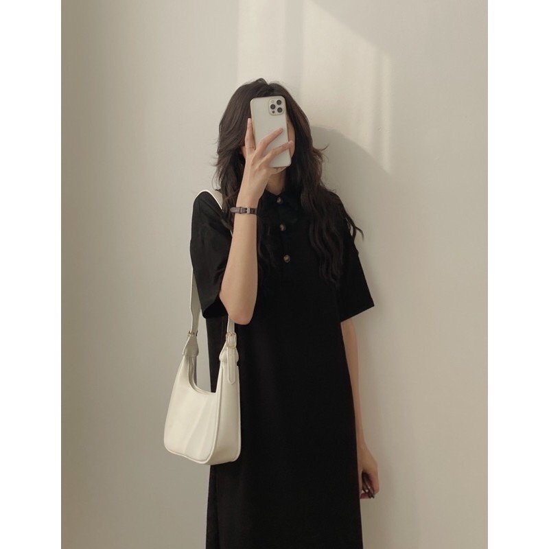 Đầm Maxi Cài Cúc Cổ Bẻ Tay Cộc Cam Đen - Váy Nữ Polo Dáng Dài