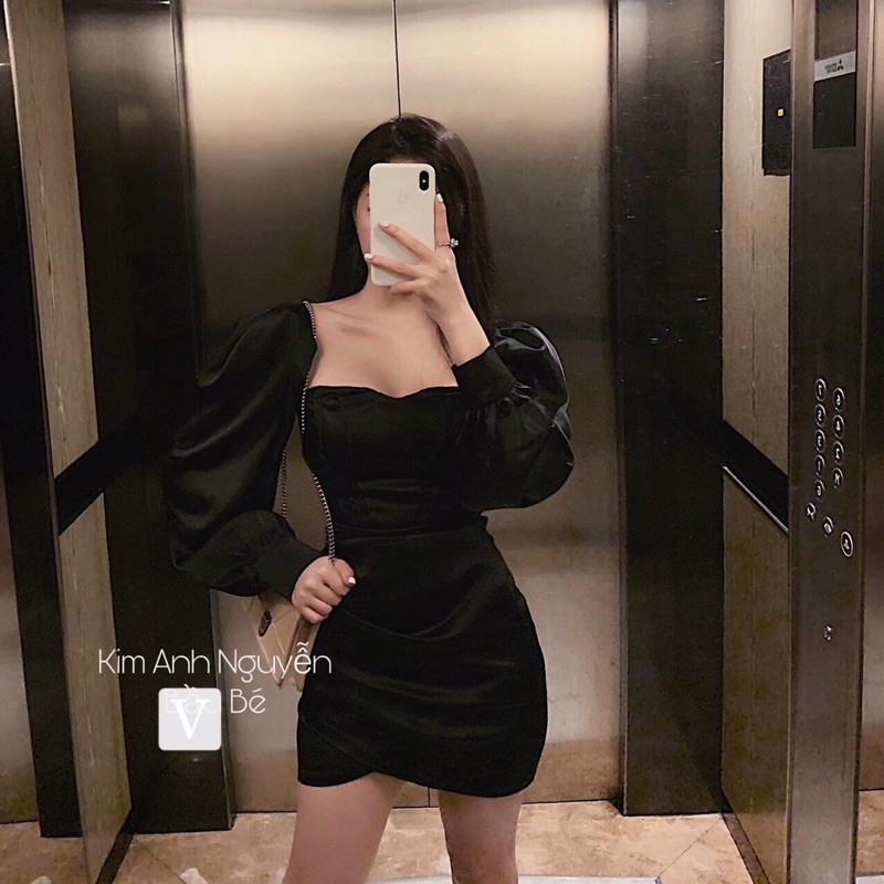Đầm công chúa cổ vuông phi lụa nhún eo tay phồng