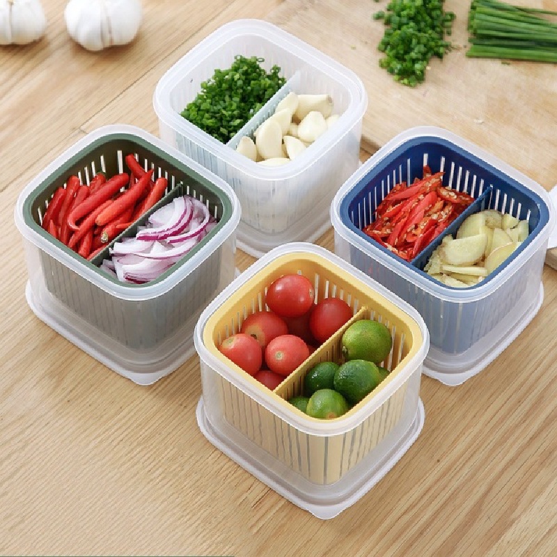Hộp Bảo Quản Thực Phẩm Gừng Hành Tỏi Hình Vuông, 2 Lớp Tách Nước, Có Chia Ngăn