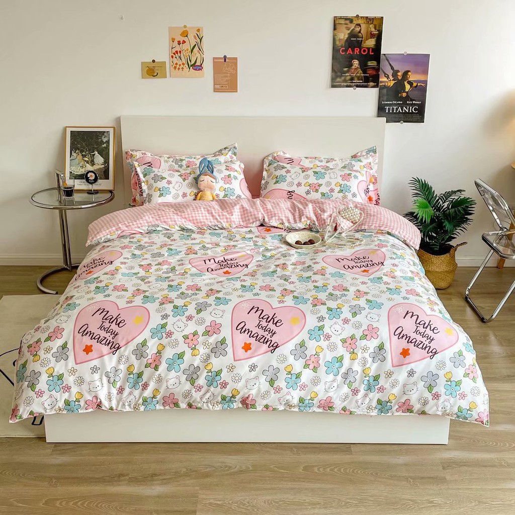 Bộ chăn ga gối Cotton Poly 4 món - Hoa chữ ( Không kèm ruột )