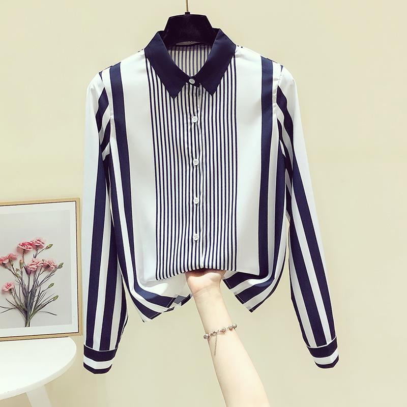 Áo Sơ Mi Chiffon Tay Dài Họa Tiết Kẻ Sọc Phong Cách Hàn Quốc Thời Trang Xuân Thu Cho Nữ