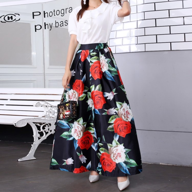 Chân Váy maxi Dài Lưng Thun Co Giãn In Họa Tiết Hoa Màu Trắng Đen Có Túi Thời Trang Cho Nữ
