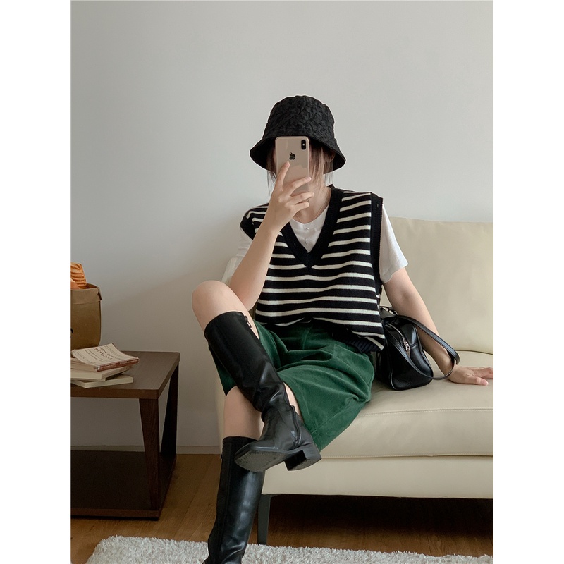 Áo Len Không Tay Cổ Chữ V Họa Tiết Kẻ Sọc Thời Trang Mùa Thu Phong Cách Retro