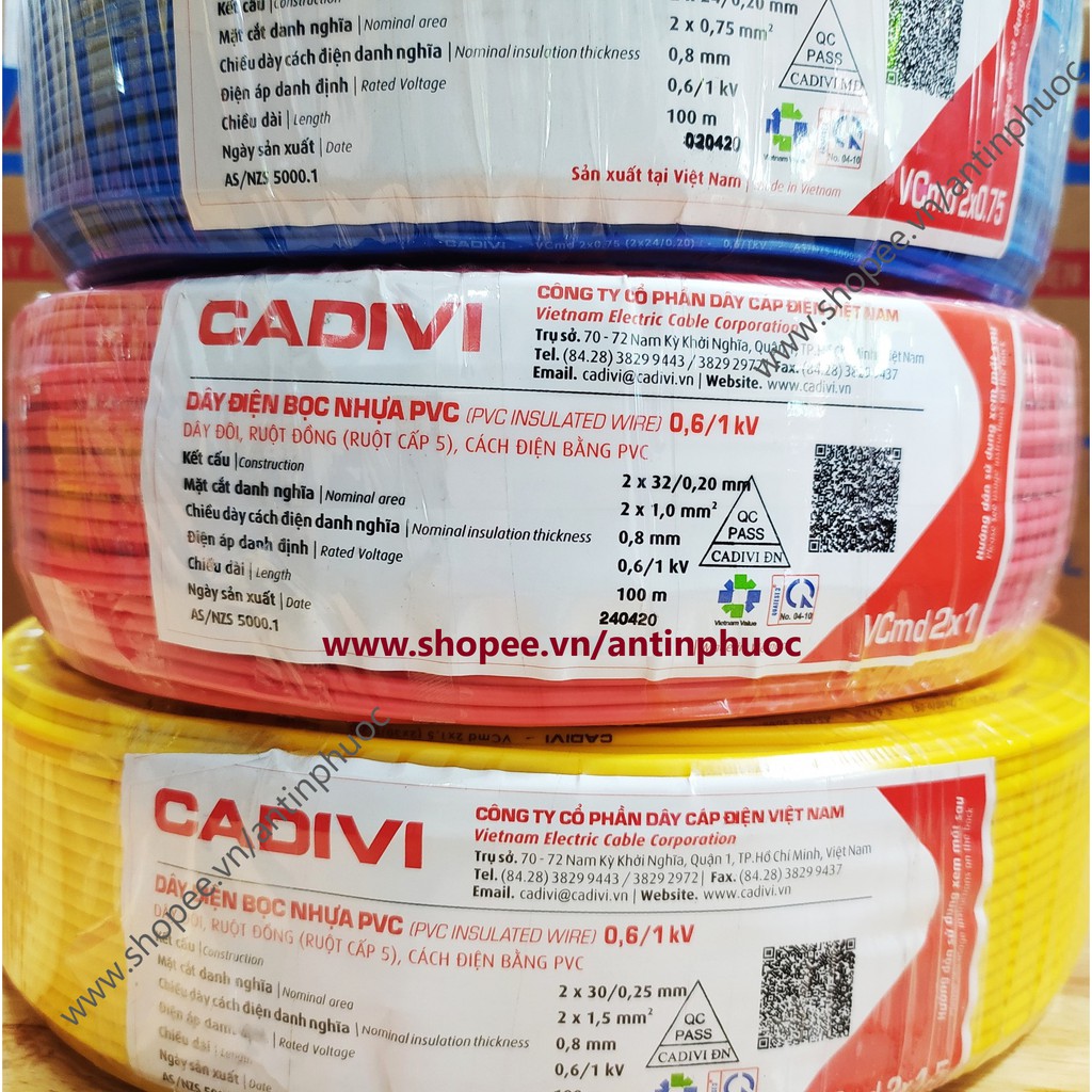 Dây điện đôi 2x1.0 Cadivi - Cadivi Vcmd 2x1 mm2 - Cuộn 100 mét