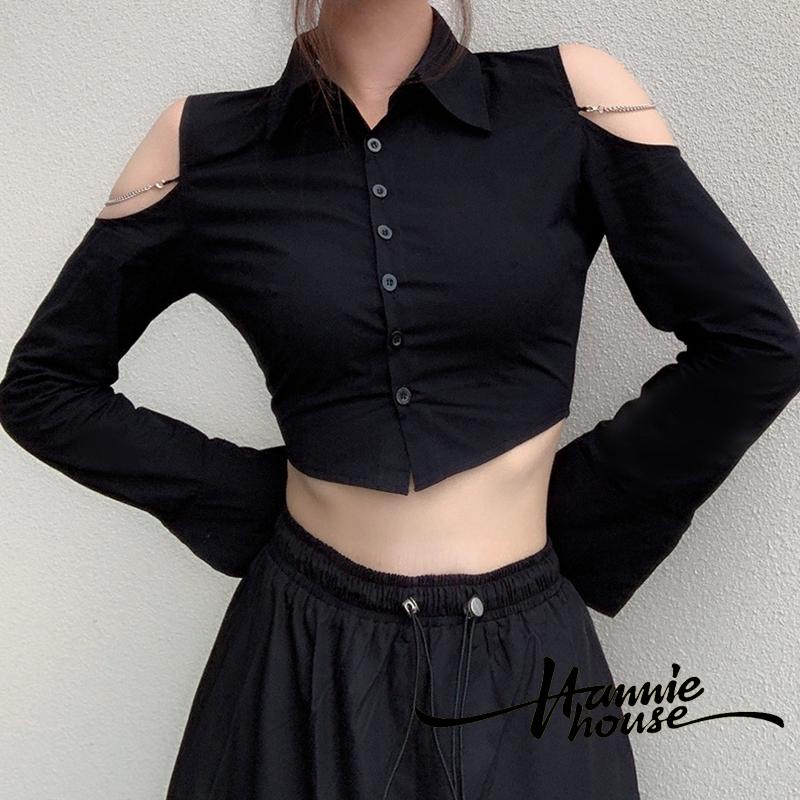 Áo Sơ Mi Dài Tay Màu Đen Phối Nút Thời Trang Dành Cho Nữ