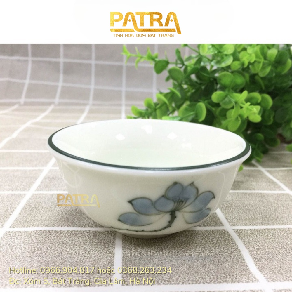 Bộ đĩa gia vị sứ, bát mắm, chén nước chấm Bát Tràng cao cấp vẽ sen xanh