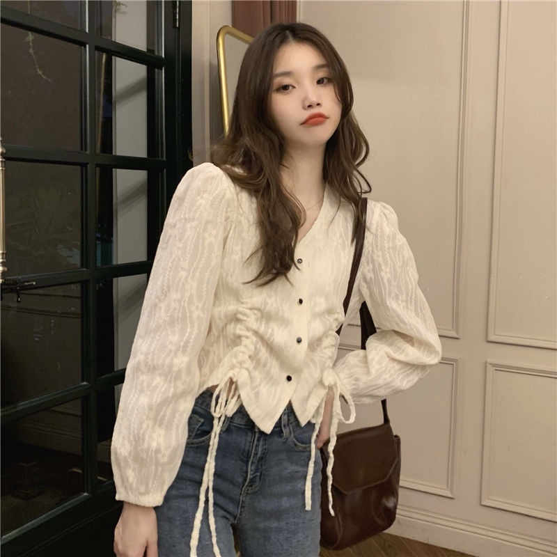 Áo Ren Ngắn Cổ Chữ V Thiết Kế Dây Rút Thời Trang Pháp 2022 Mới Cho Nữ