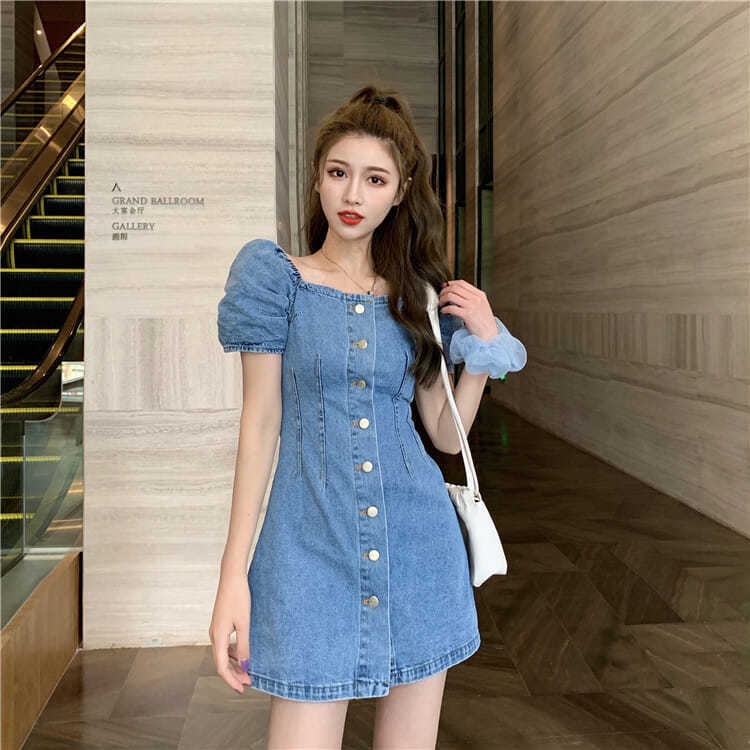 Áo đầm denim dáng mỏng thiết kế phong cách cổ điển Hồng Kông dành cho nữ