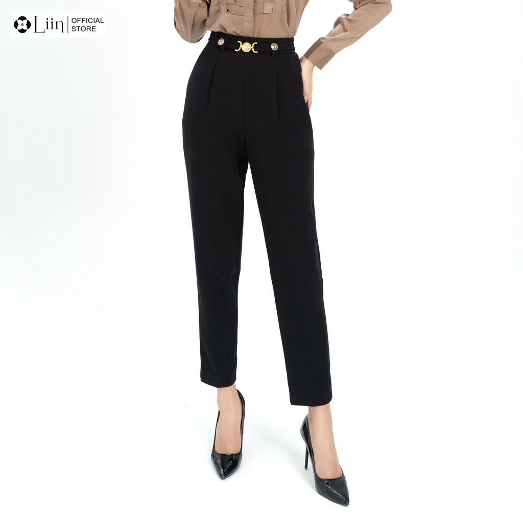 Quần baggy Linbi màu đen kèm đai vàng form công sở, thiết kế trẻ trung, thời thượng liin clothing Q3577