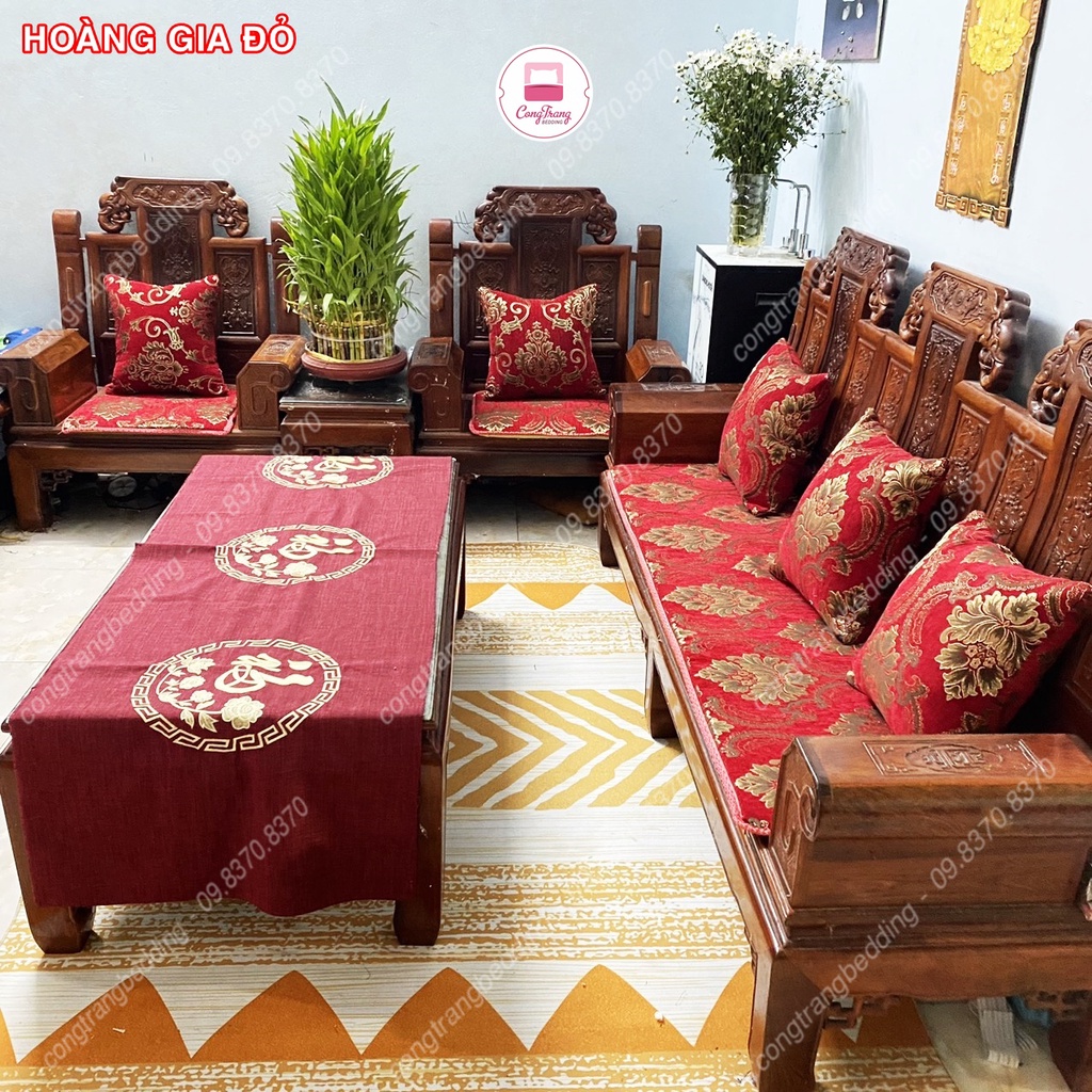 Thảm trải ghế phòng khách, trọn bộ đệm ghế sofa, thảm trải ghế gỗ, gối tựa thêu vi tính vải gấm cao cấp