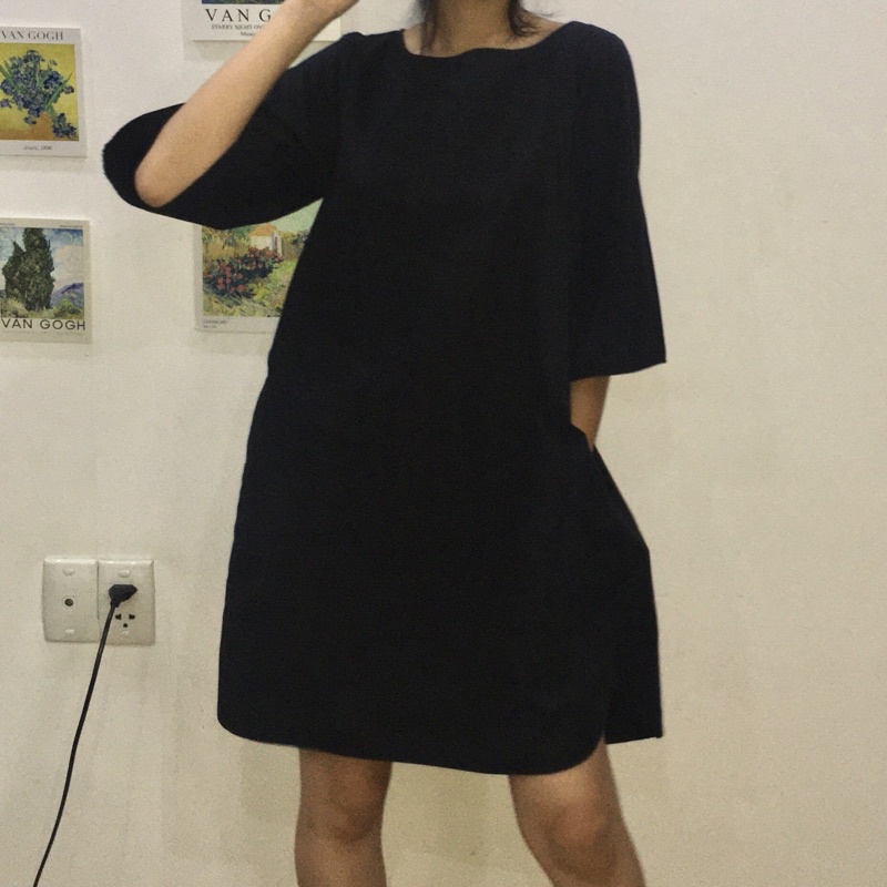 Basic Little Black Shirt Dress - Thanh lý đầm váy sơ mi đen cổ vuông tay chuông dáng suông xoè đơn giản công sở